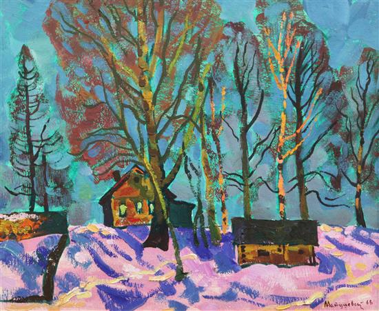 Yuri Matushevski (Russian, 1930-1999) Farmhouse and trees in a landscape 38 x 46cm